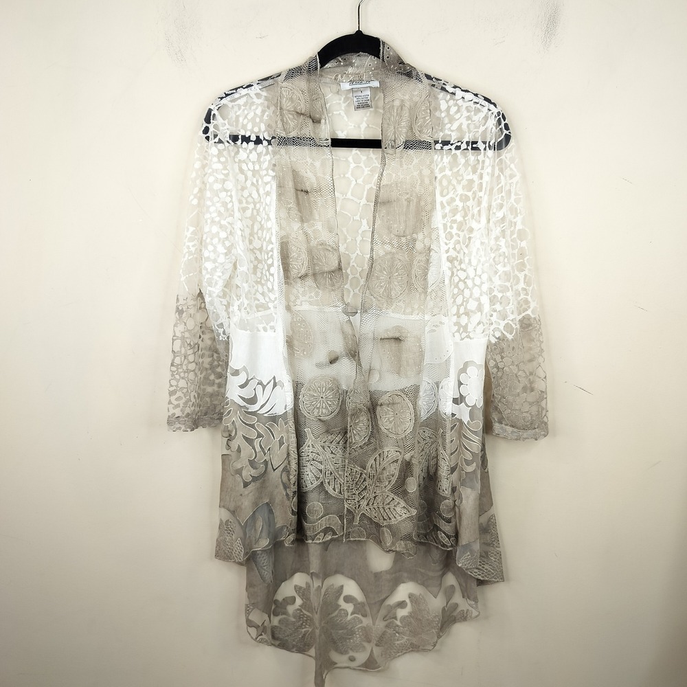 Anis A Sheer Print Lace Cardigan Draped Top Small Floral White Taupe Fairy Boho
